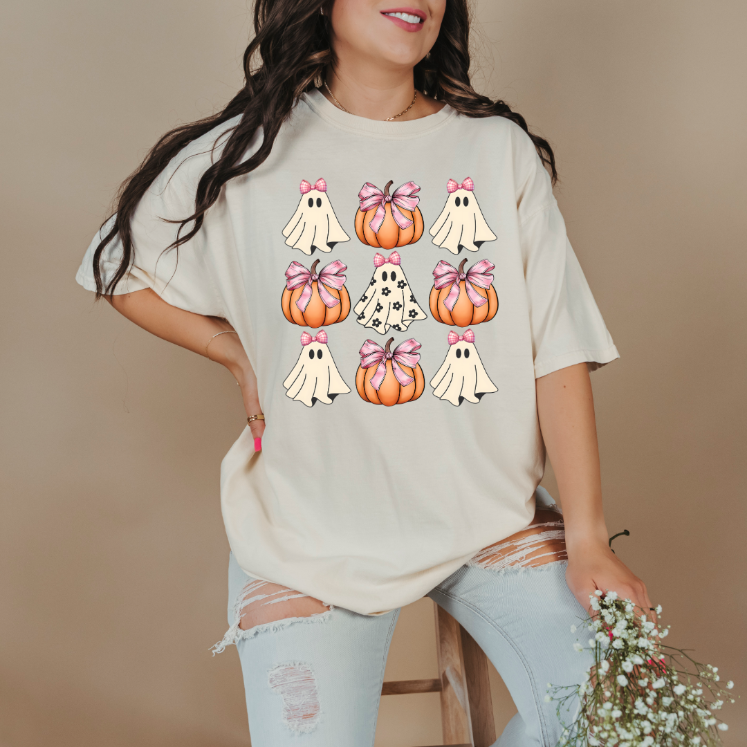 Flower Ghost With Pink Bows & Pumpkins Graphic Tee & Crewneck