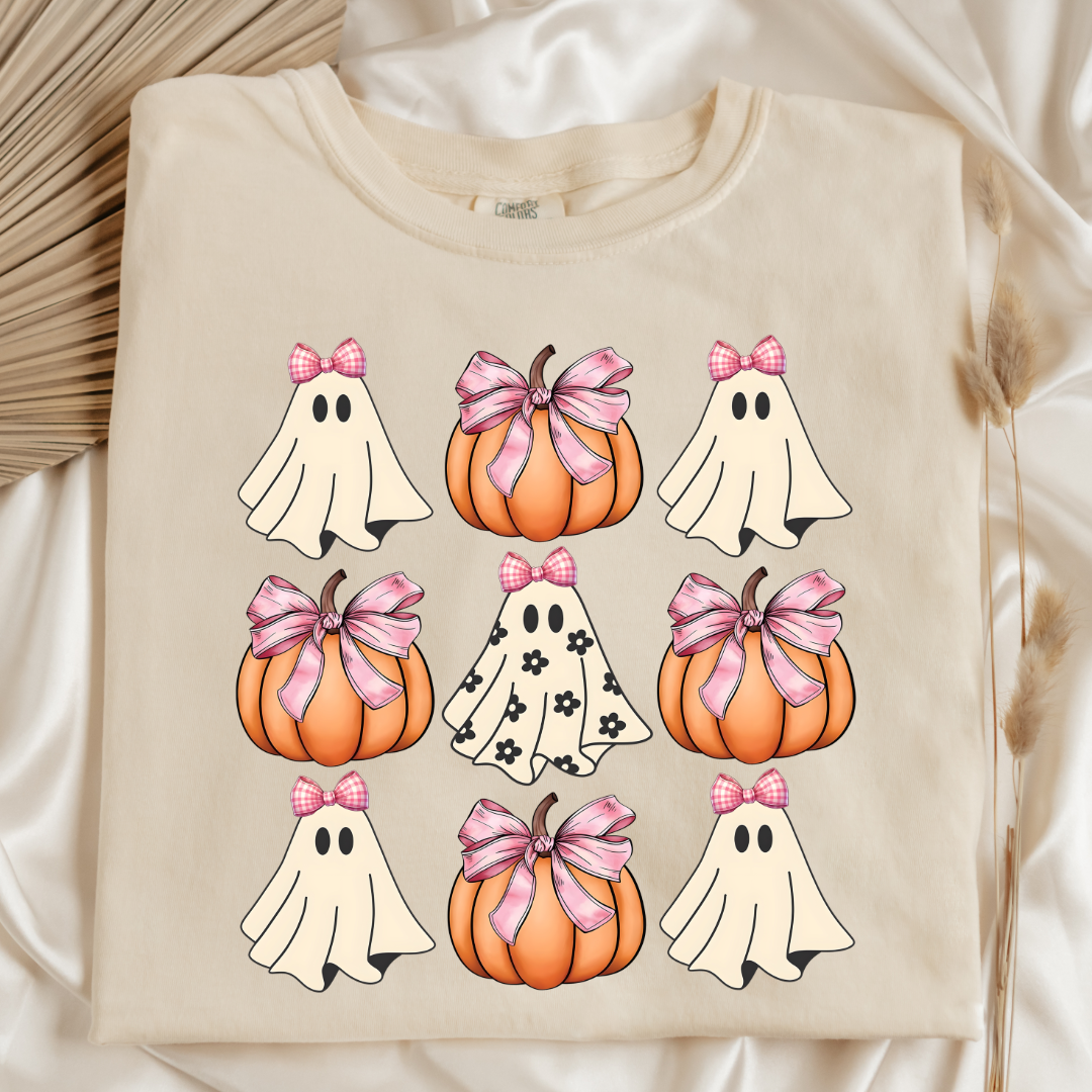 Flower Ghost With Pink Bows & Pumpkins Graphic Tee & Crewneck