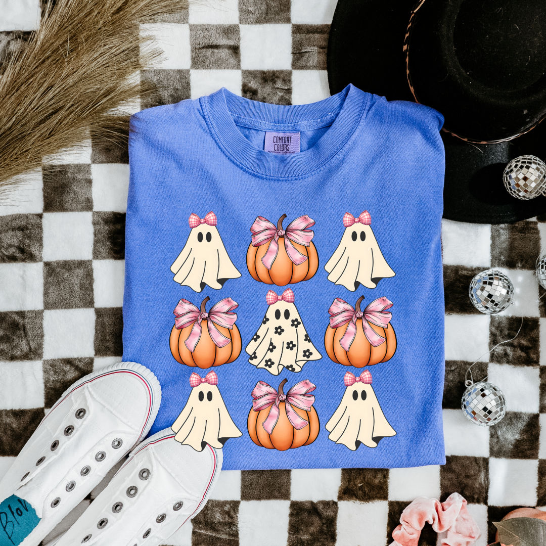 Flower Ghost With Pink Bows & Pumpkins Graphic Tee & Crewneck