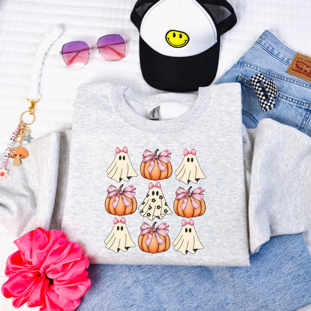 Flower Ghost With Pink Bows & Pumpkins Youth Graphic Tee & Crewneck