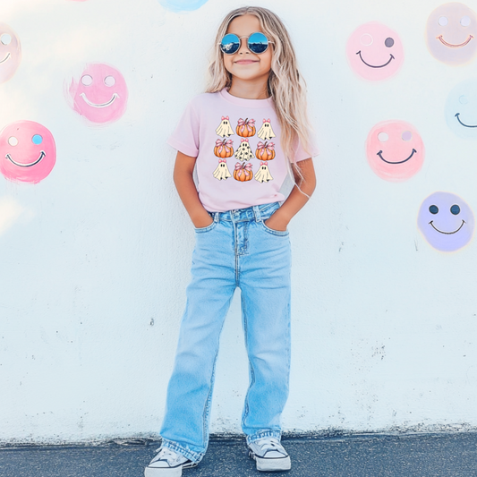 Flower Ghost With Pink Bows & Pumpkins Youth Graphic Tee & Crewneck