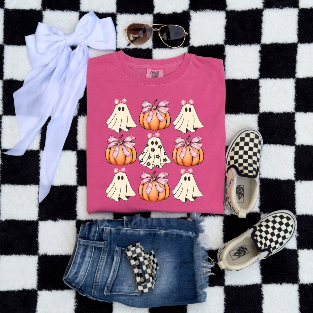 Flower Ghost With Pink Bows & Pumpkins Youth Graphic Tee & Crewneck