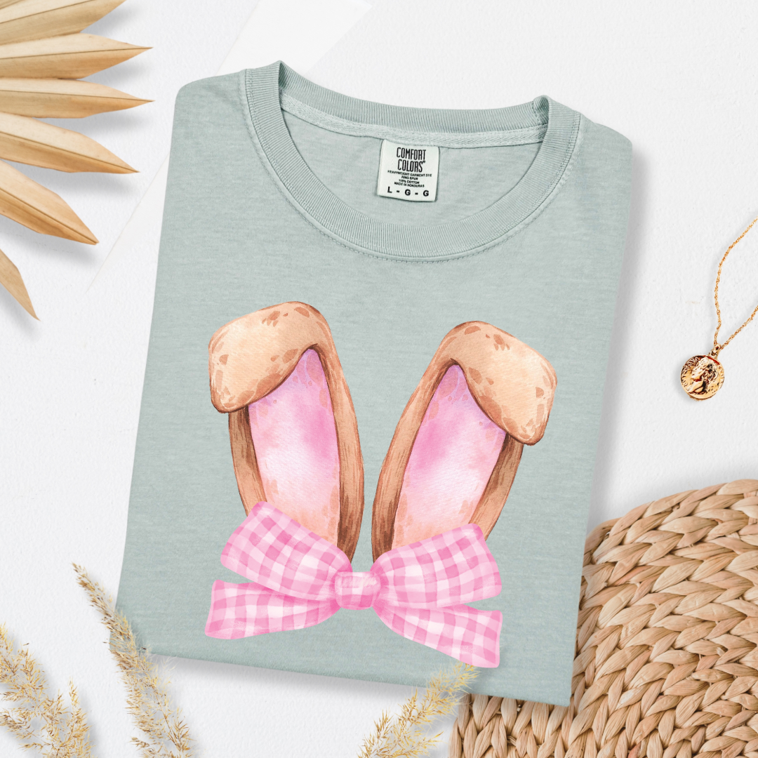 Customized bunny ears silhouette with pink gingham bow watercolor adult Bay green comfort color tee matching youth available