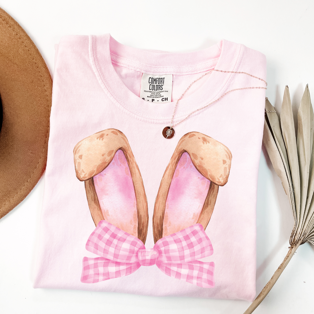 Customized bunny ears silhouette with pink gingham bow watercolor adult blossom pink comfort color tee matching youth available