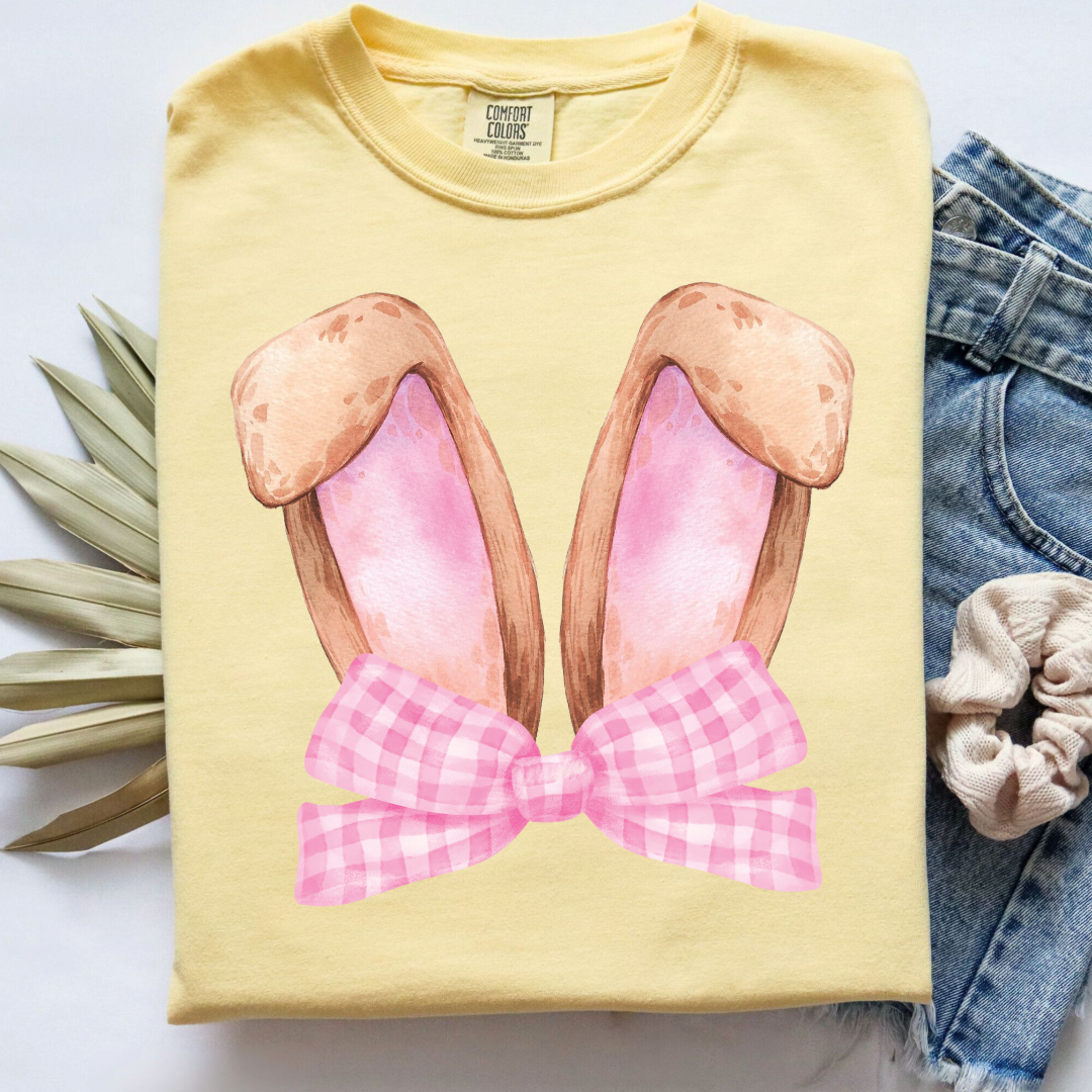 Customized bunny ears silhouette with pink gingham bow watercolor adult butter yellow comfort color tee matching youth available