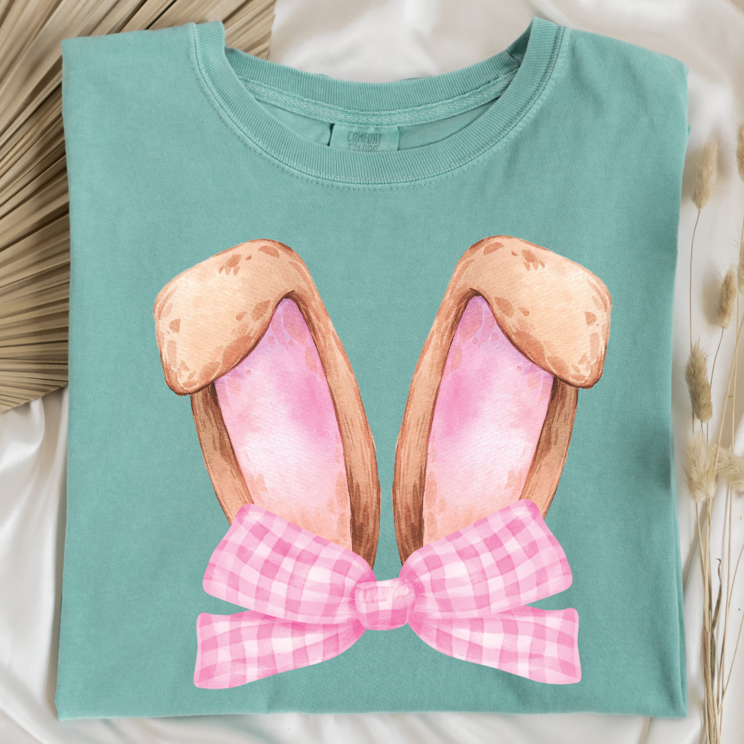Customized bunny ears silhouette with pink gingham bow watercolor adult chalky mint comfort color tee matching youth available