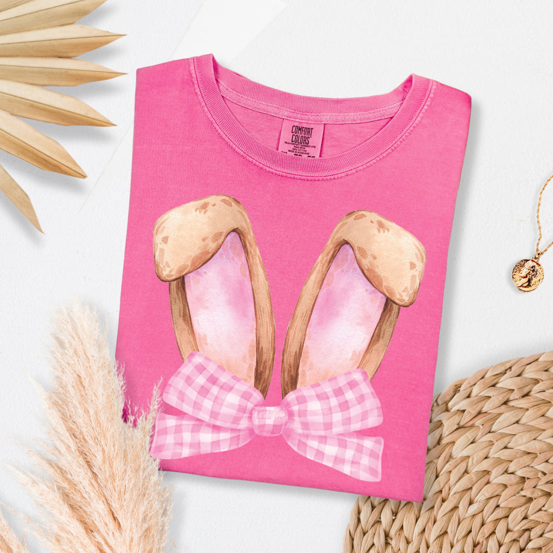 Customized bunny ears silhouette with pink gingham bow watercolor adult Crunchberry pink comfort color tee matching youth available