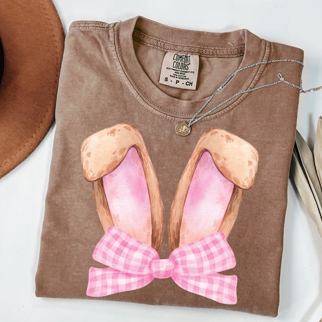 Customized bunny ears silhouette with pink gingham bow watercolor adult espresso brown comfort color tee matching youth available