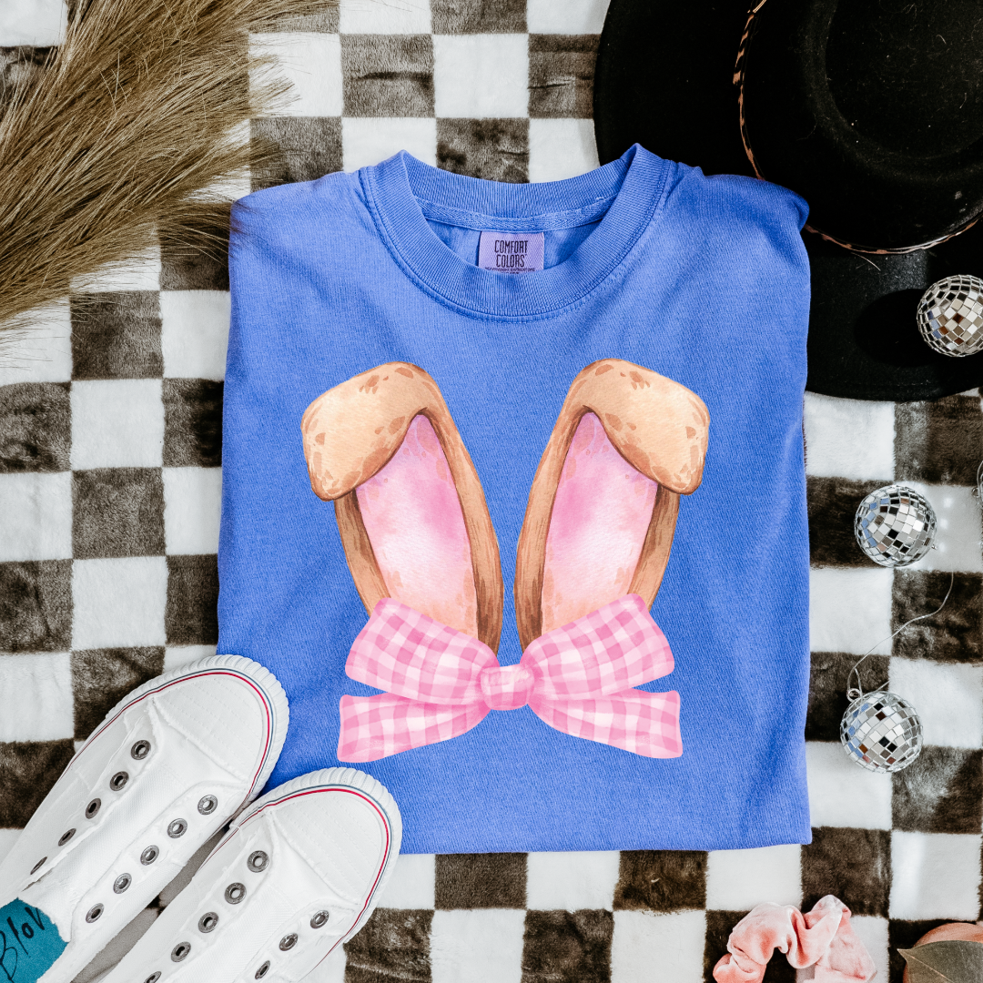 Customized bunny ears silhouette with pink gingham bow watercolor adult/youth flo blue comfort color tee matching youth available