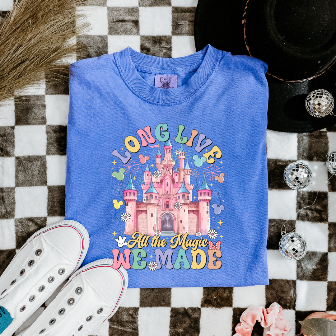Customized adult/youth comfort colors Flo blue t-shirt with long live multi color long live bubble letters large castle in the middle with Mickey Mouse shaped balloons and flowers surrounding. Matching crewnecks and hoodies available in youth and adult sizes
