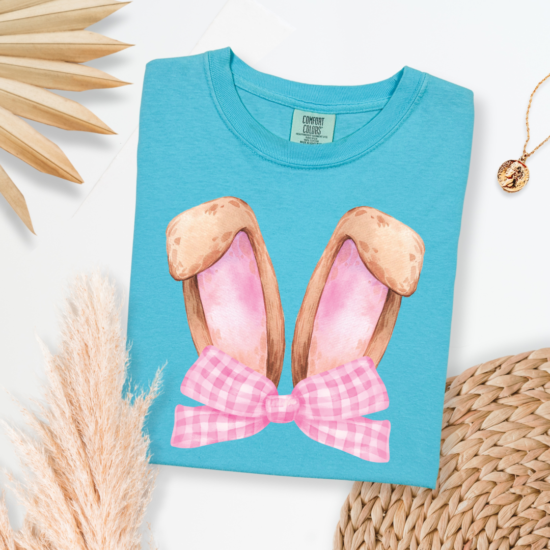 Customized bunny ears silhouette with pink gingham bow watercolor adult lagoon blue comfort color tee matching youth available