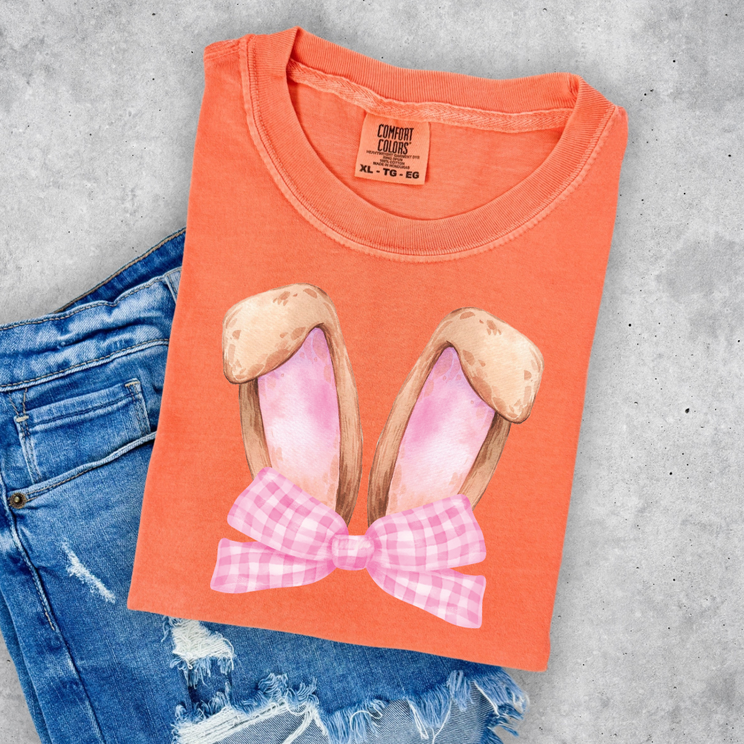 Customized bunny ears silhouette with pink gingham bow watercolor adult/youth melon comfort color tee matching youth available