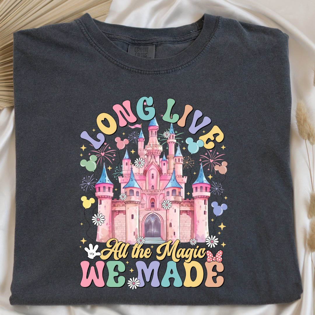 Customized adult comfort colors vintage pepper black t-shirt with long live multi color long live bubble letters large castle in the middle with Mickey Mouse shaped balloons and flowers surrounding. Matching crewnecks and hoodies available in youth and adult sizes