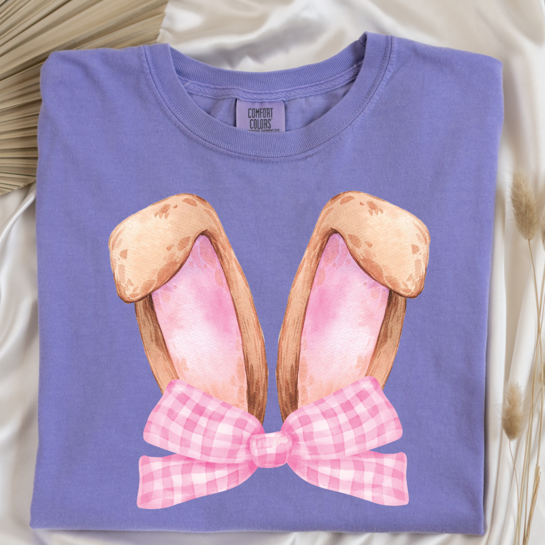 Customized bunny ears silhouette with pink gingham bow watercolor adult violet comfort color tee matching youth available
