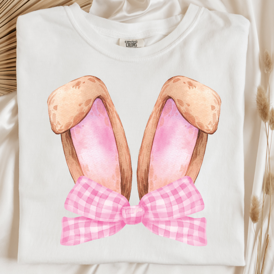 Customized bunny ears silhouette with pink gingham bow watercolor adult white comfort color tee matching youth available