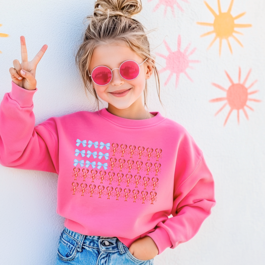 Customized youth Hot Pink Crewneck with American Flag made of blue bows and red lobsters. Perfect for 4th of July Ranging in sizes youth Small to adult 4X also comes in matching hoodies and crewnecks.