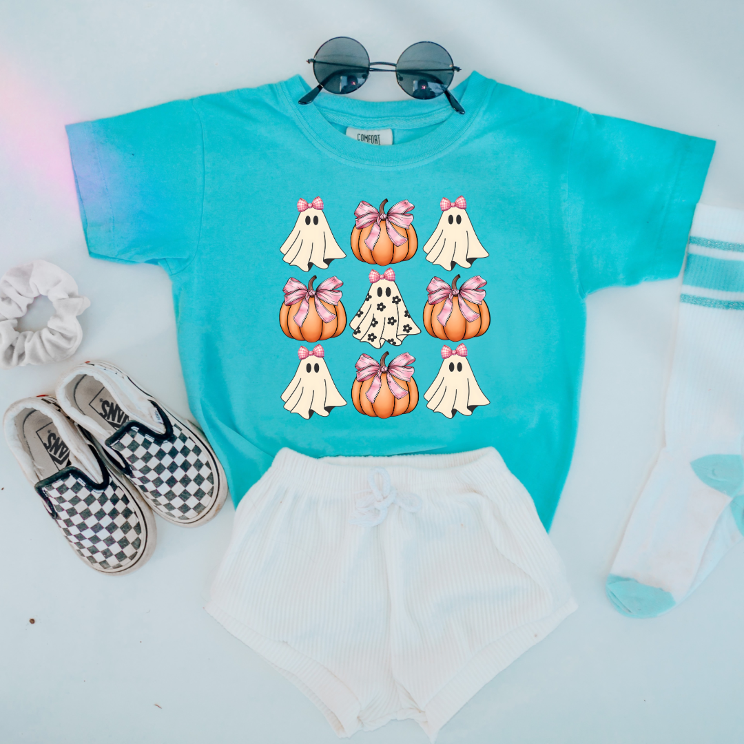 Flower Ghost With Pink Bows & Pumpkins Youth Graphic Tee & Crewneck