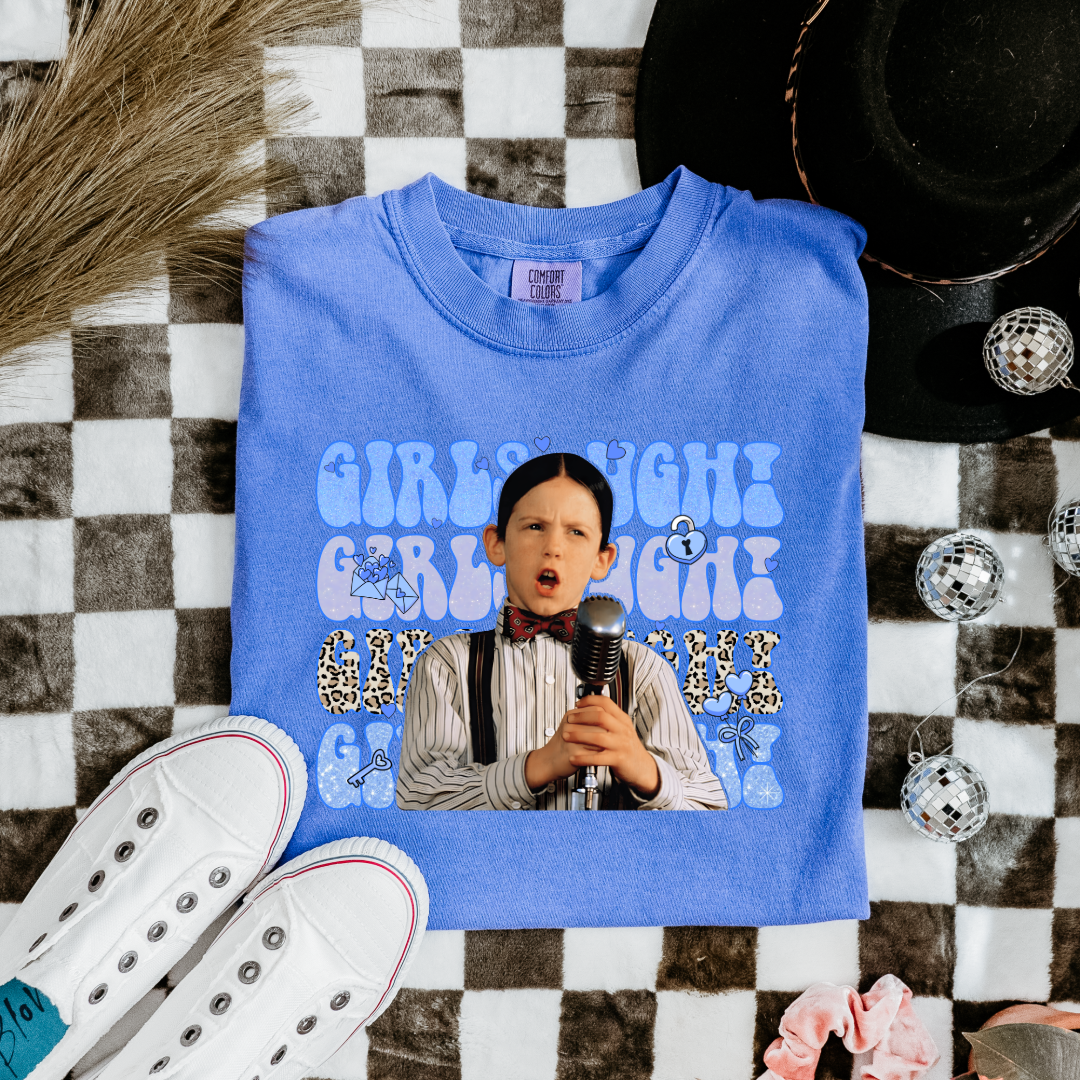 Customized Youth Boys Flo blue graphic tee Blue girls Ugh bubble letters and cheetah print font.
