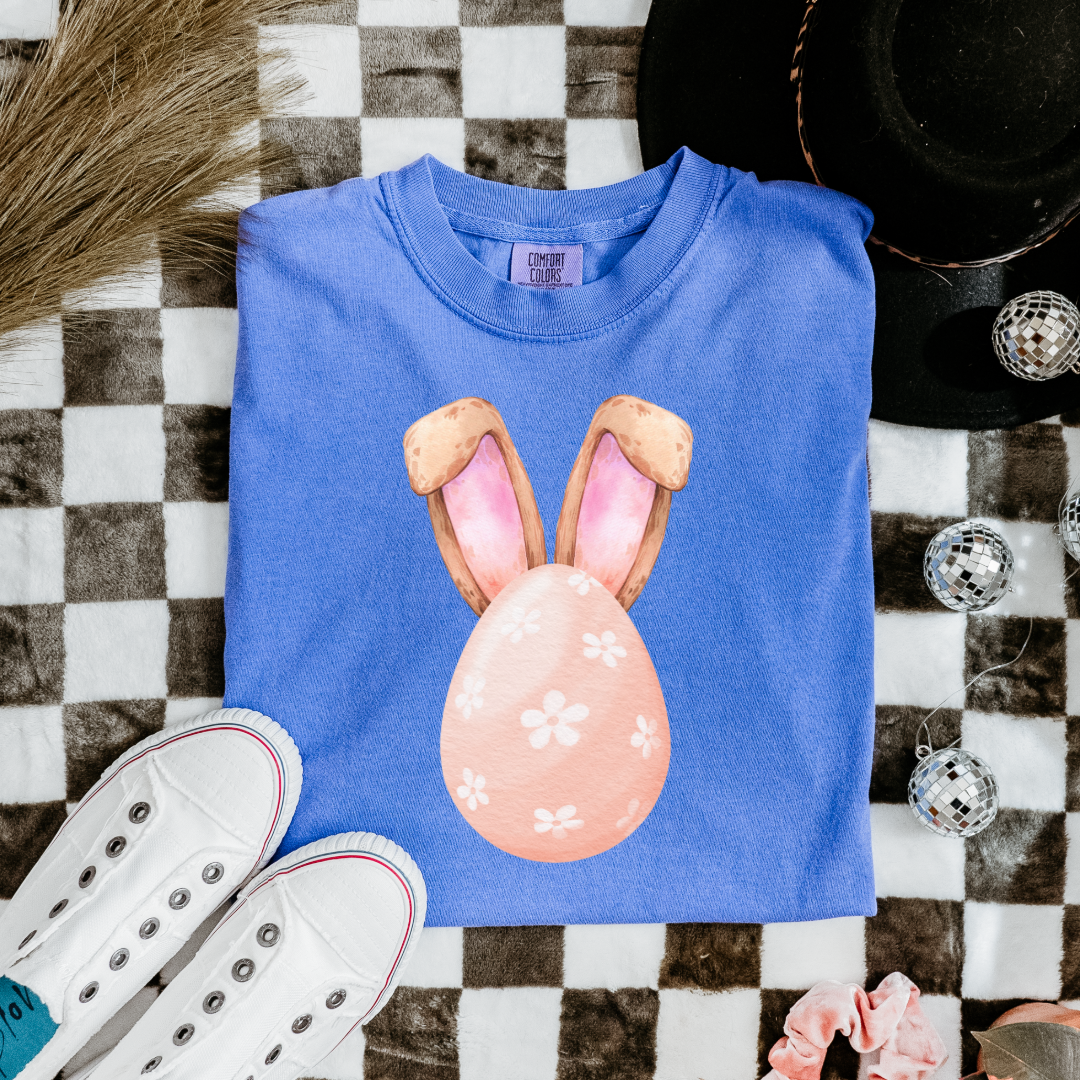 Customized adult/youth comfort colors Flo blue watercolor peach egg with white flowers and bunny ears matching crewneck and hoodies available in adult and youth sizes
