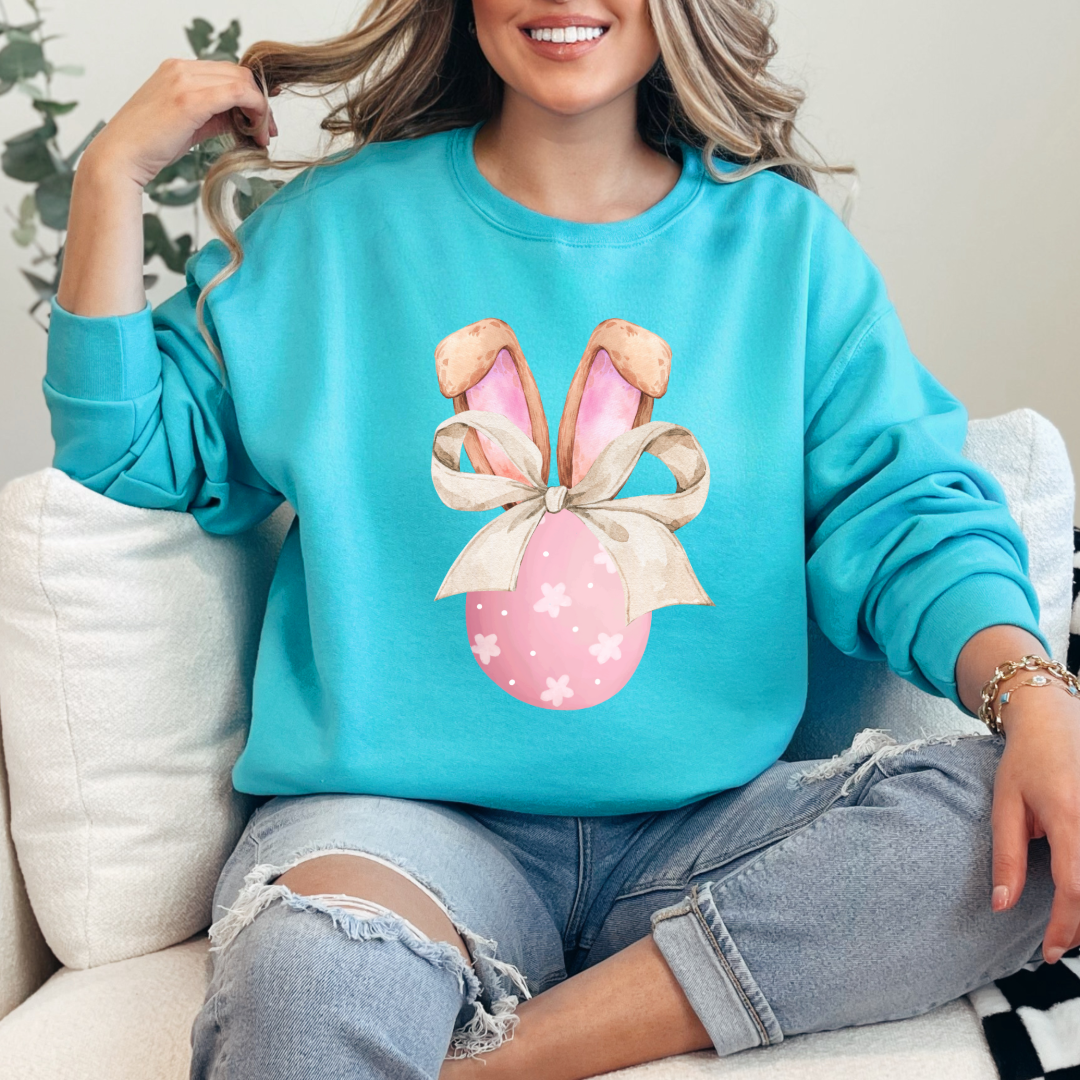 Pink Egg With Bunny Ears & Bow Crewneck & Hoodie
