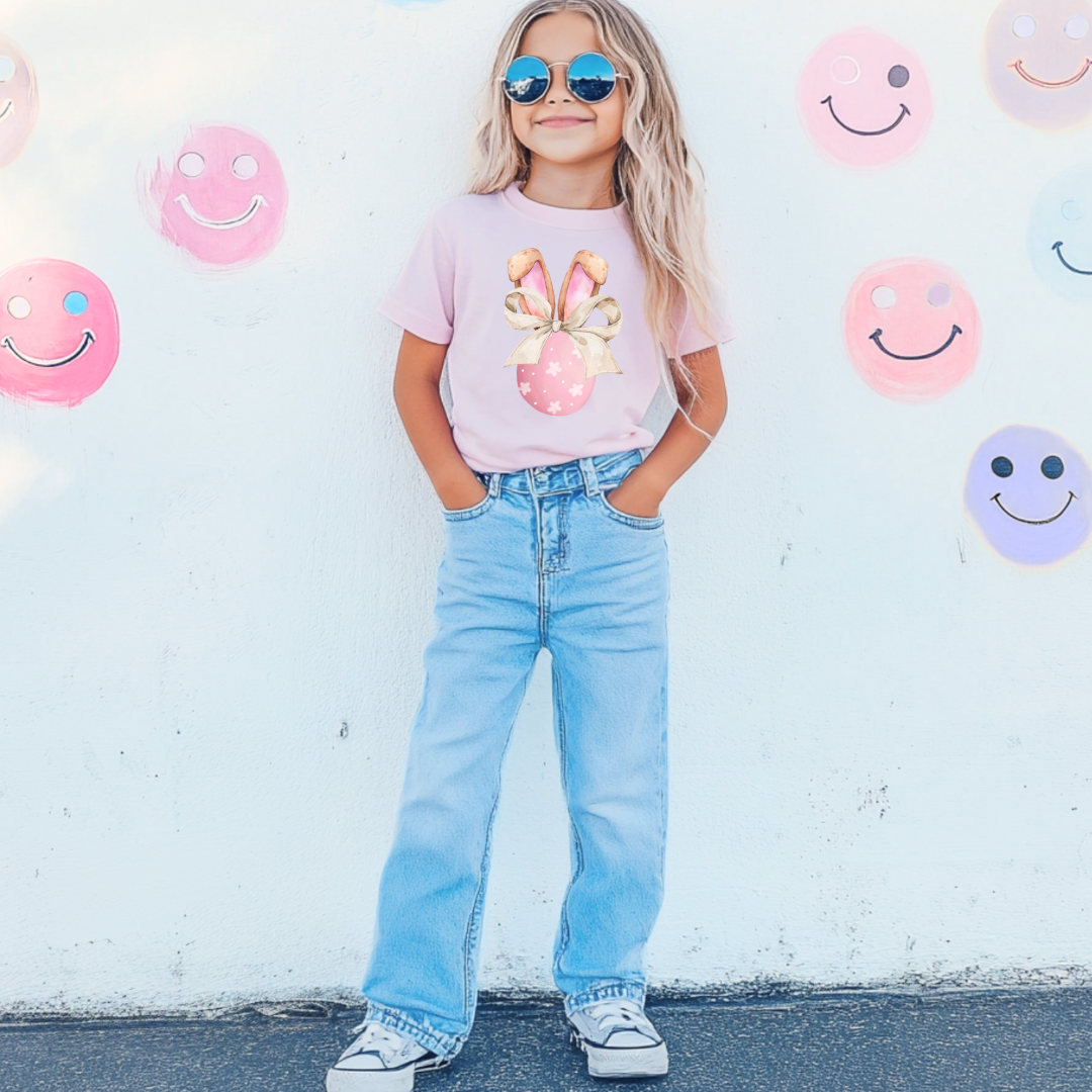 Pink Egg With Bunny Ears & Bow Youth Graphic Tee