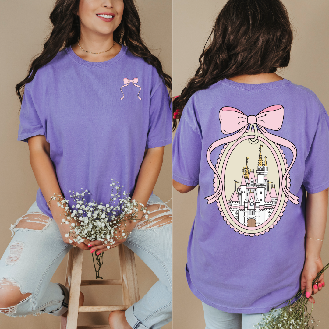 Adult Customized Coquette Castle frame with bow Violet Tee With Bow front