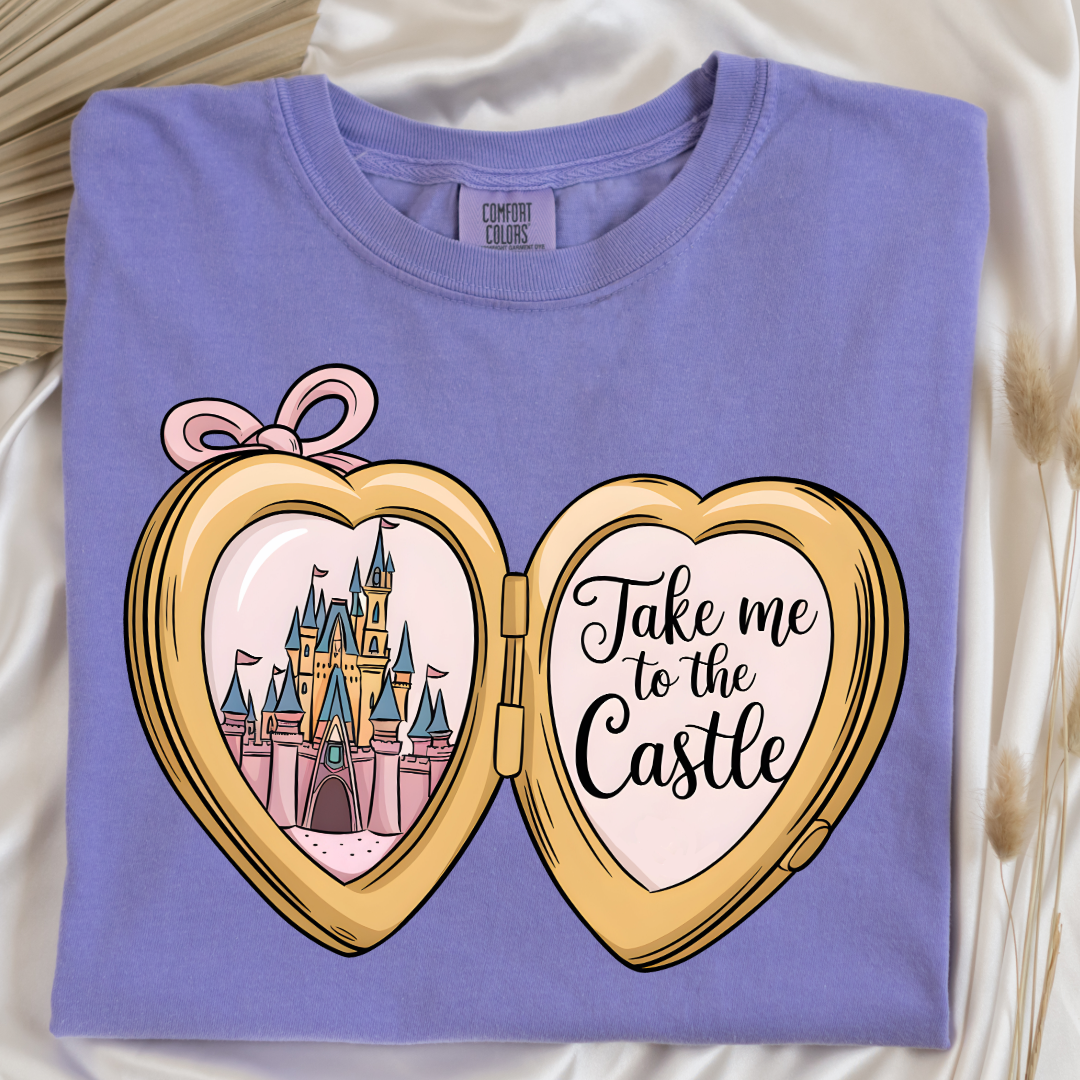 Customized Adult Violet Comfort colors Tee with locket caste design on the front Script take me to the castle Disney.