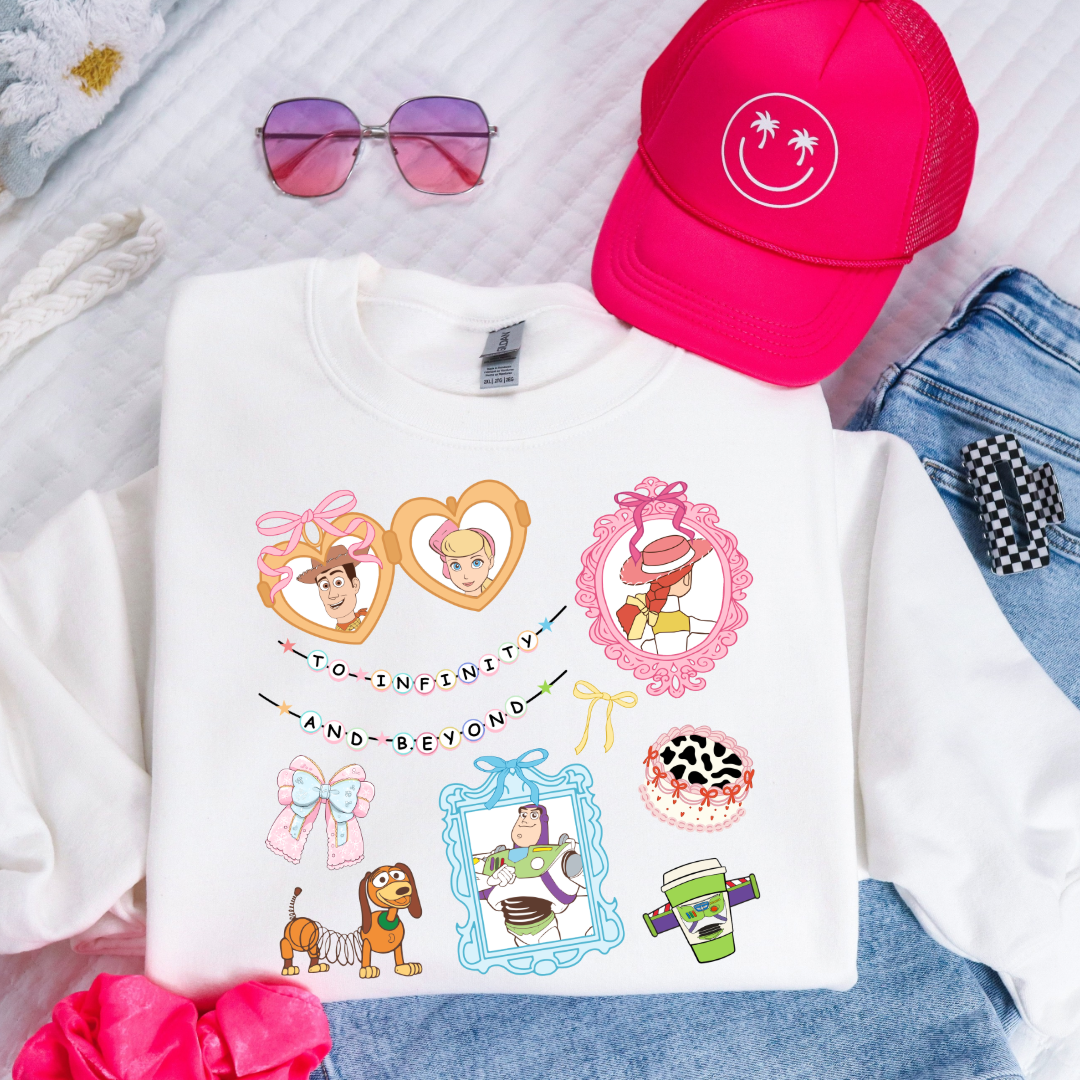 Customized Youth White Crewneck Coquette Toy story Matching Adult crew, tee and adult tee available