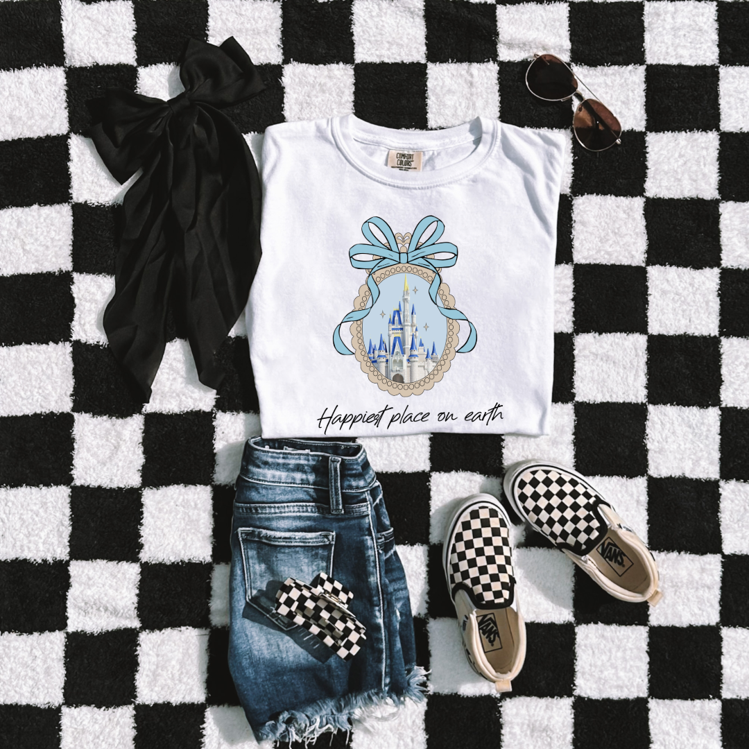 Customized Youth White Happiest place on earth Disney castle with bow Matching Adult Available