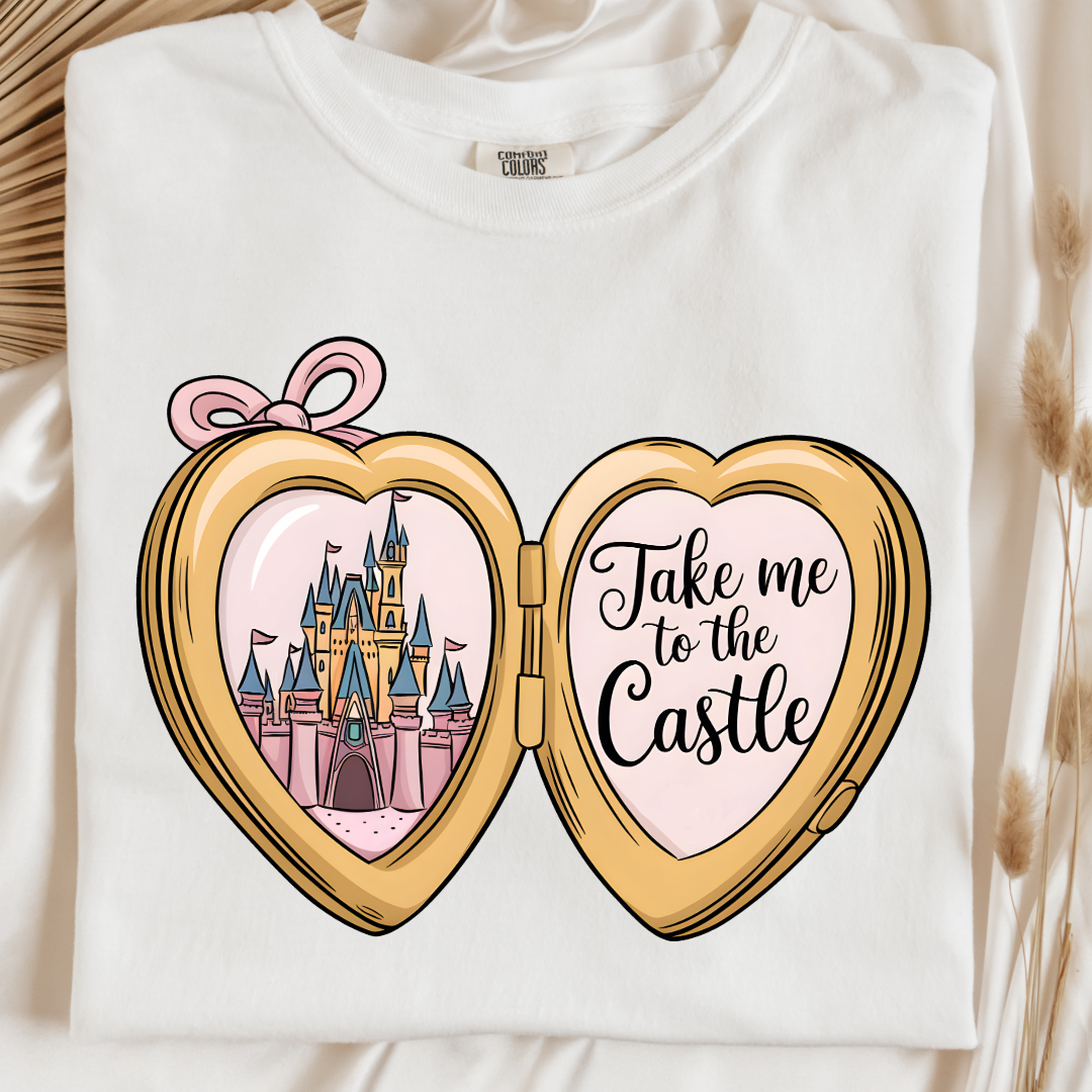 Customized Adult White Comfort colors Tee with locket caste design on the front Script take me to the castle Disney.