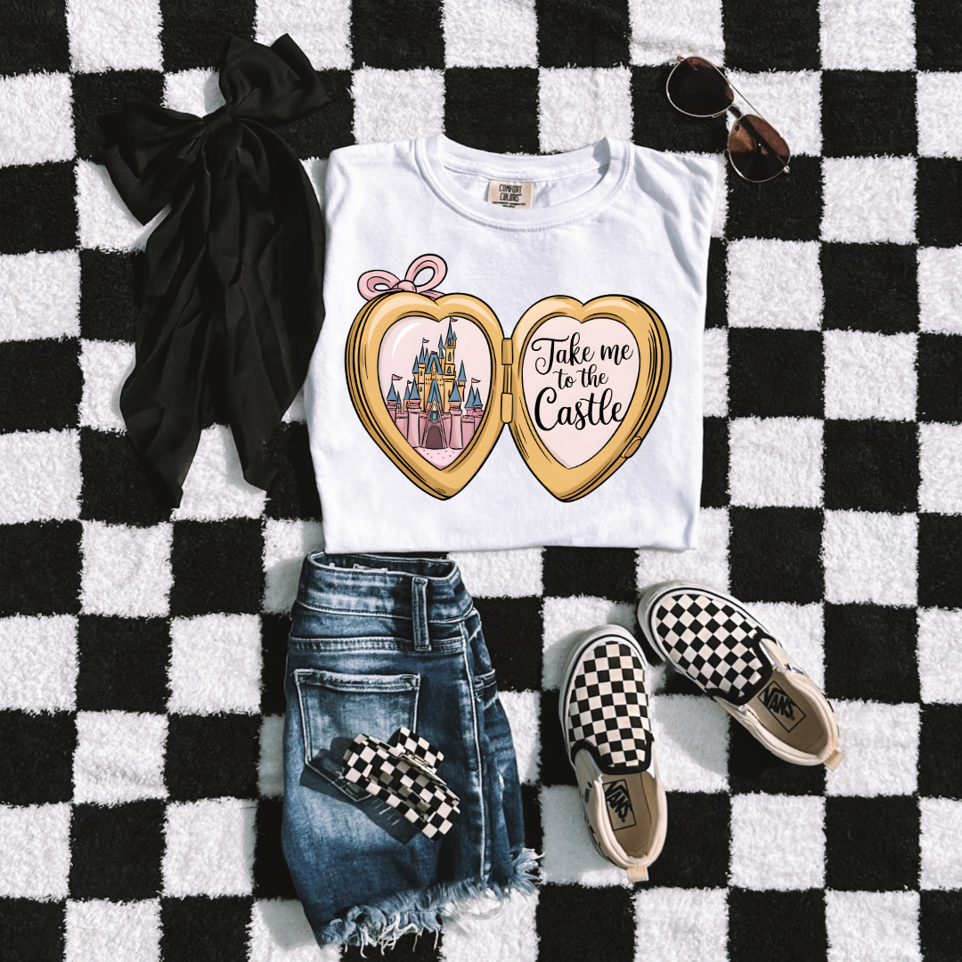 Customized Youth White Comfort colors Graphic tee with locket castle design on the front Script take me to the castle Disney.