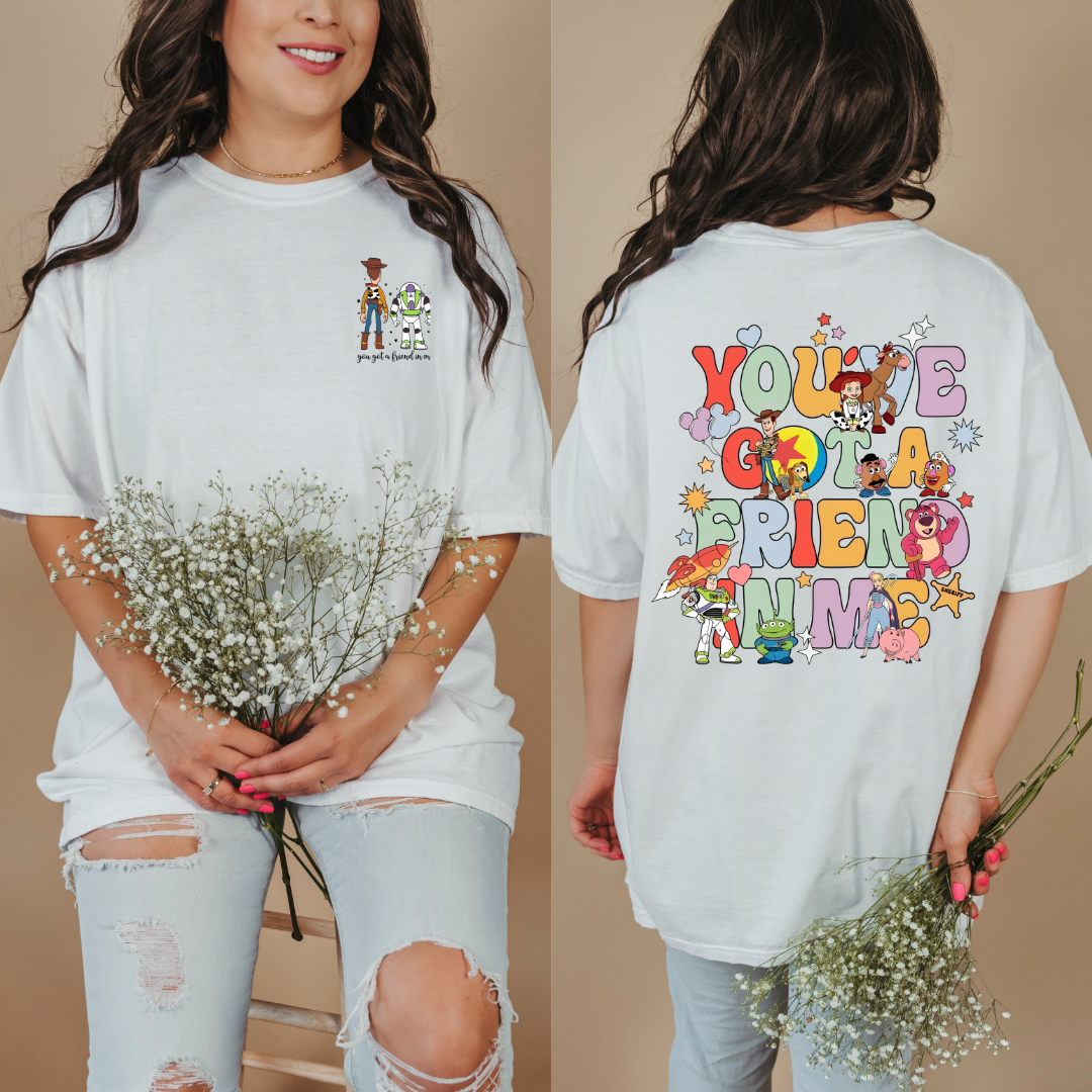 Adult Customized Toy Story white graphic tee You've got a friend in me bubble letters. Matching Youth Tee and crewneck available.