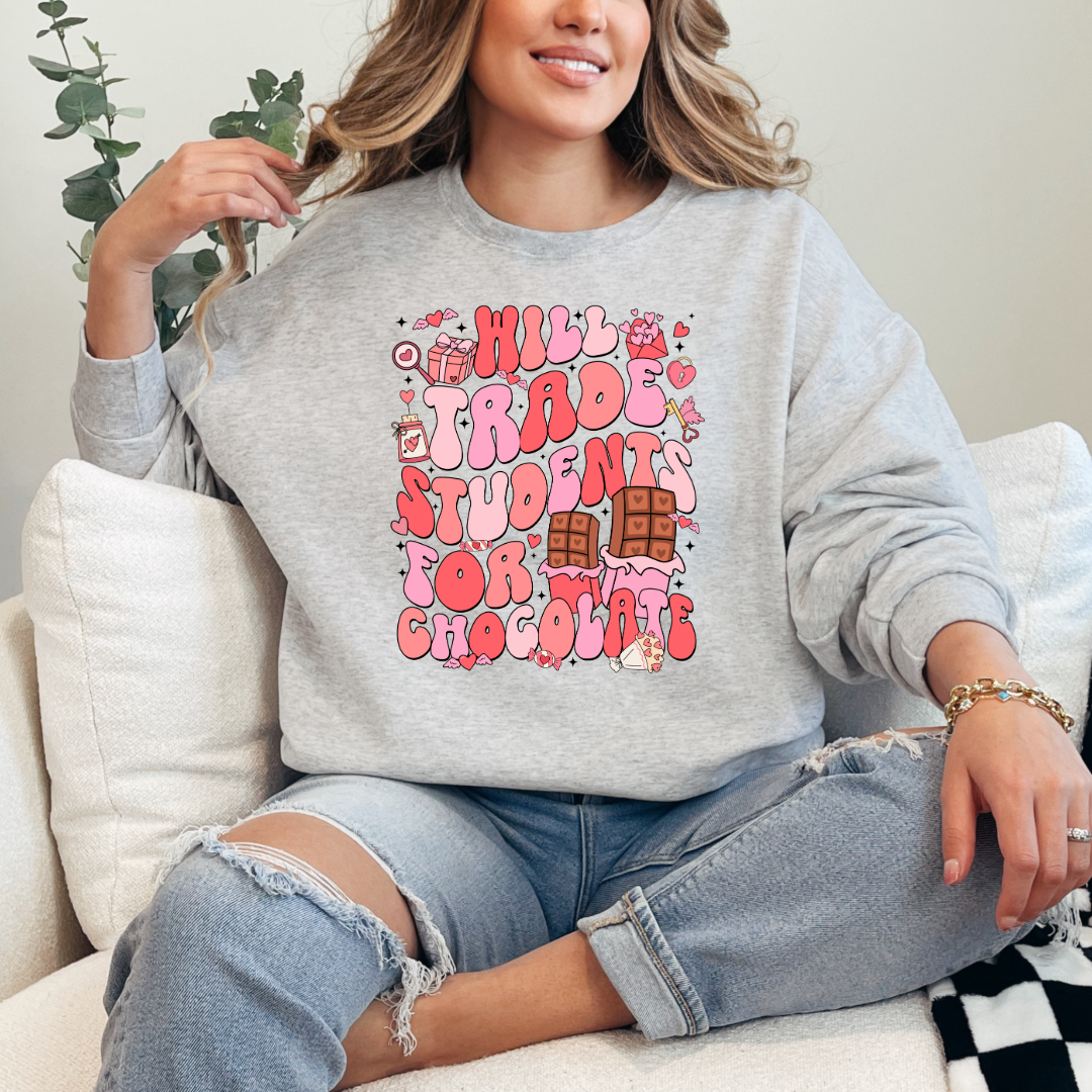 Customized adult Grey Crewneck will trade students for chocolate bubble letters pink and red