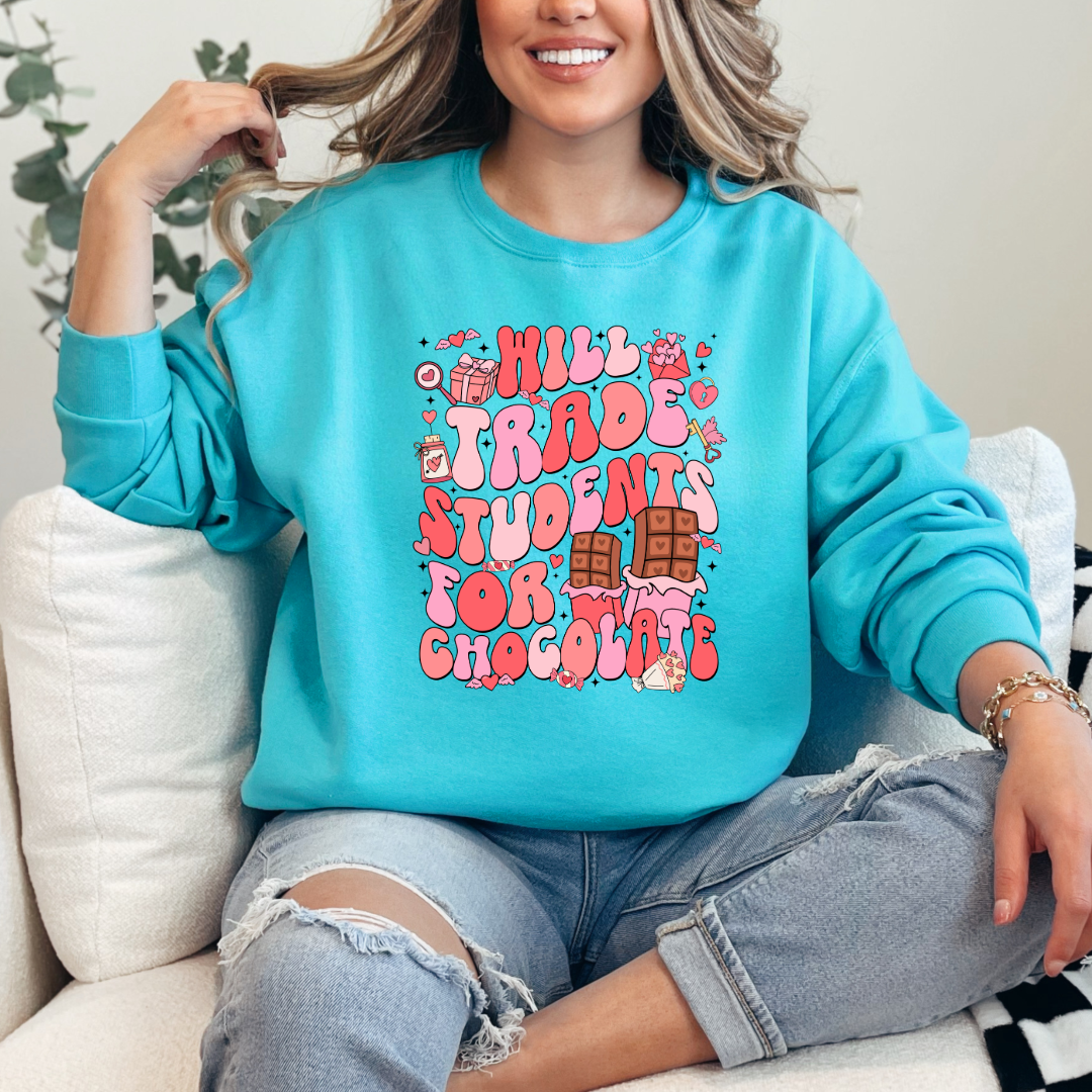 Customized adult Lagoon Blue Crewneck will trade students for chocolate bubble letters pink and red