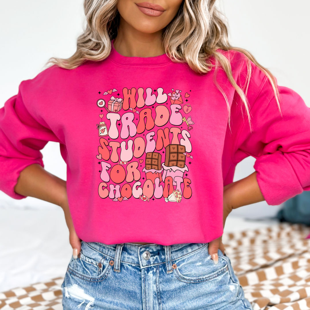 Customized adult Medium Hot Pink Crewneck will trade students for chocolate bubble letters pink and red