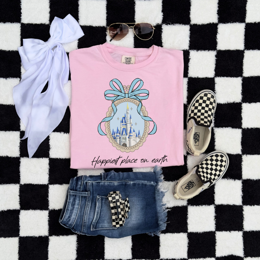 Customized Youth Blossom pink Happiest place on earth Disney castle with bow Matching Adult Available