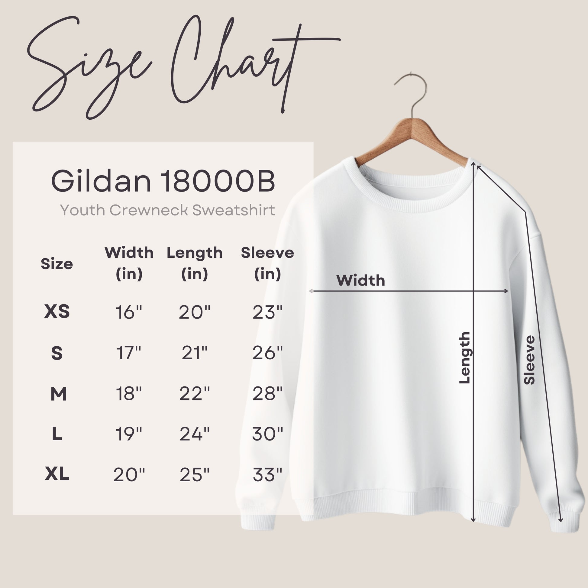 Gildan youth crewneck size chart