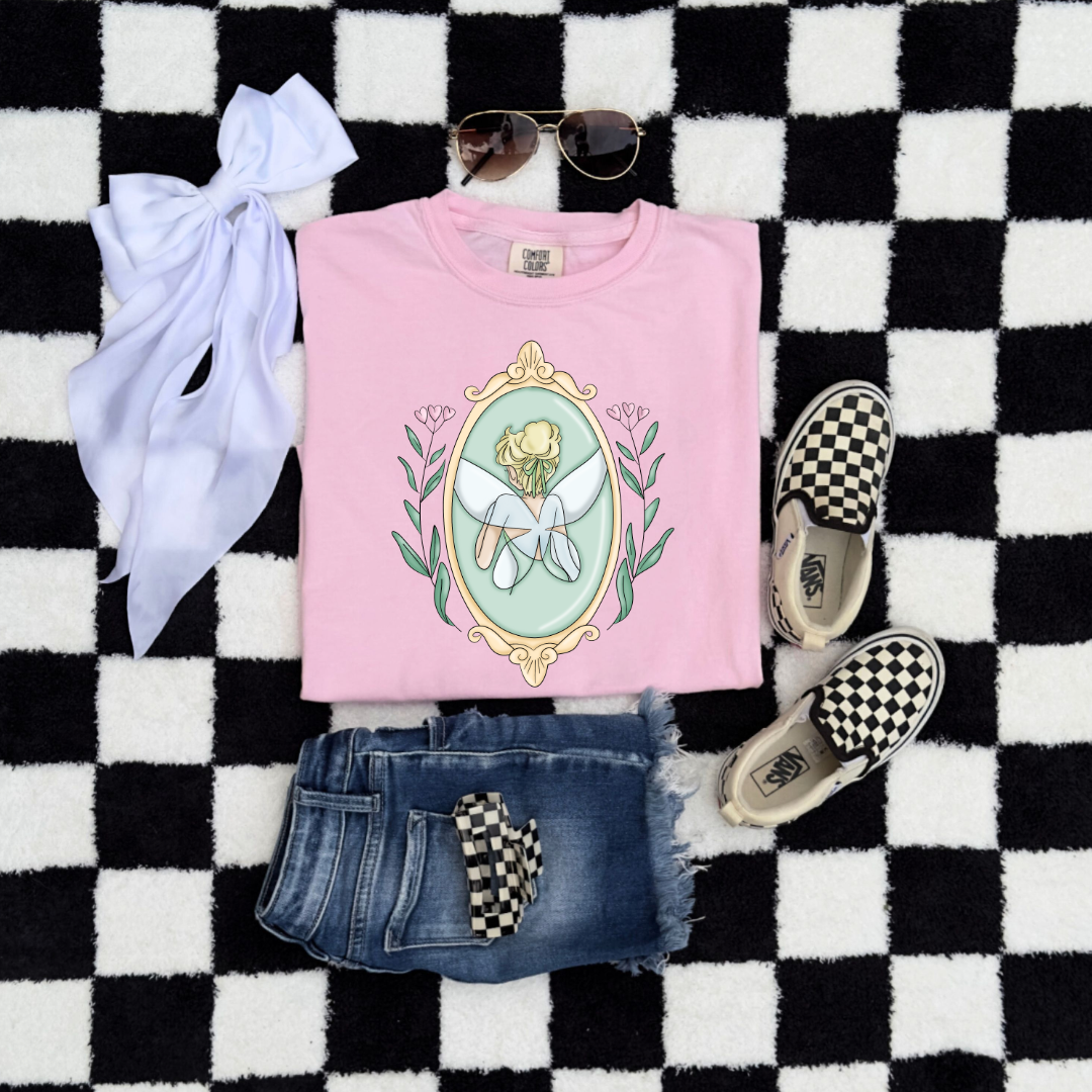 customized Youth Graphic tee Fairy silhouette Blossom pink Flat Lay Matching adult and youth tees and crewnecks available