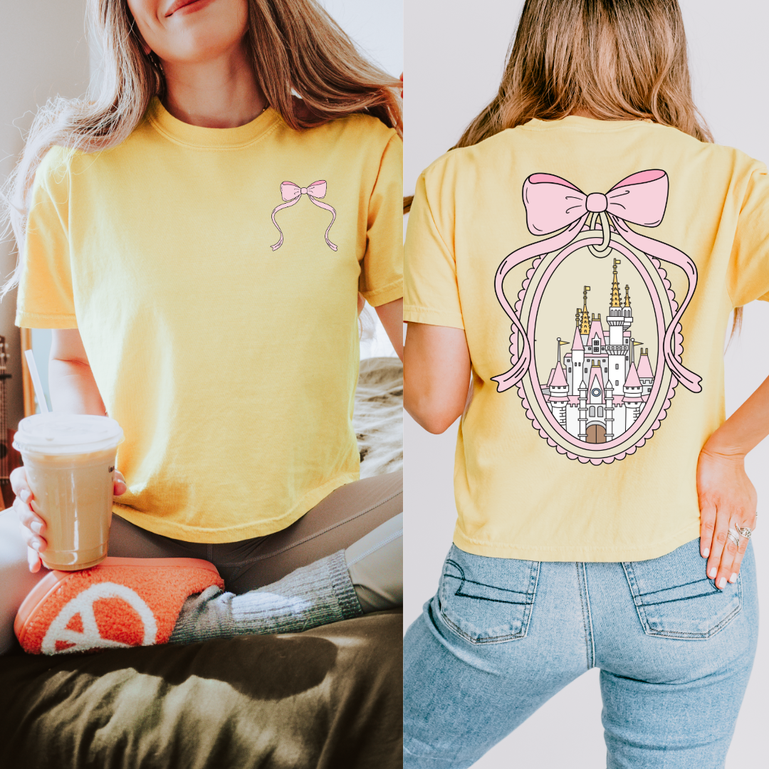 Adult Customized Coquette Castle frame with bow butter Yellow Tee With Bow front