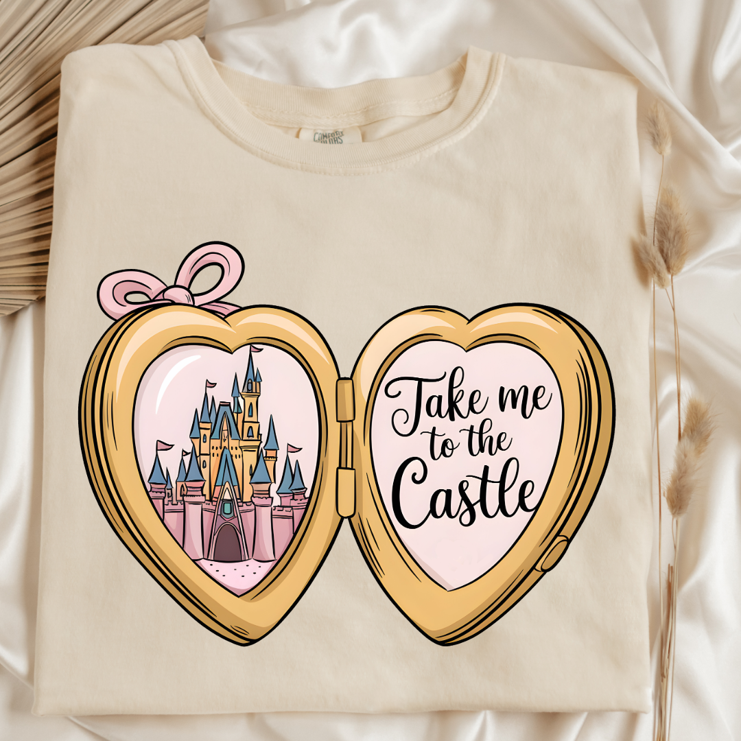 Customized Adult Ivory Flat Lay Comfort colors Tee with locket caste design on the front Script take me to the castle Disney.