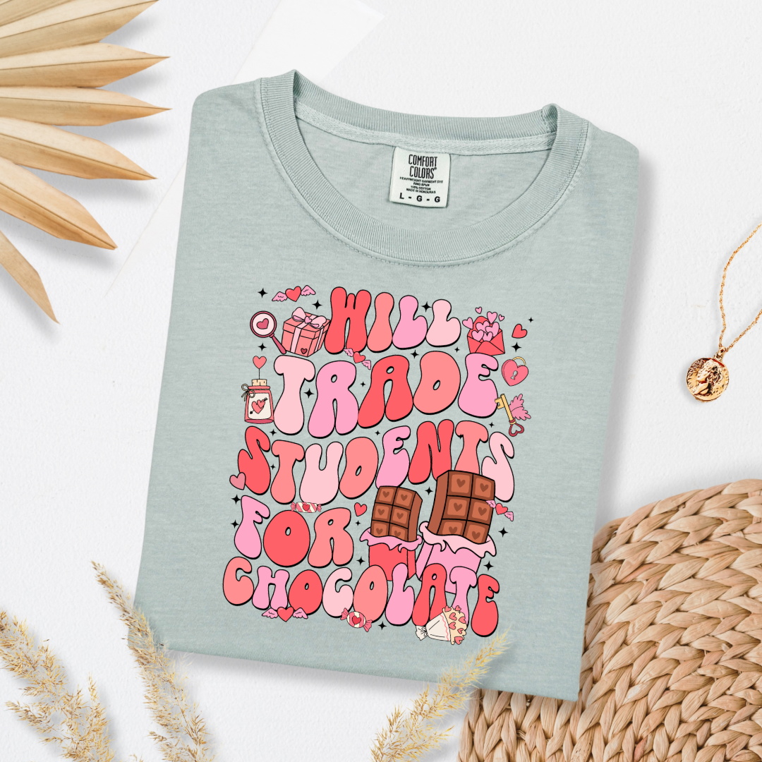 Customized adult Ivory Graphic Tee will trade students for chocolate bubble letters pink and red