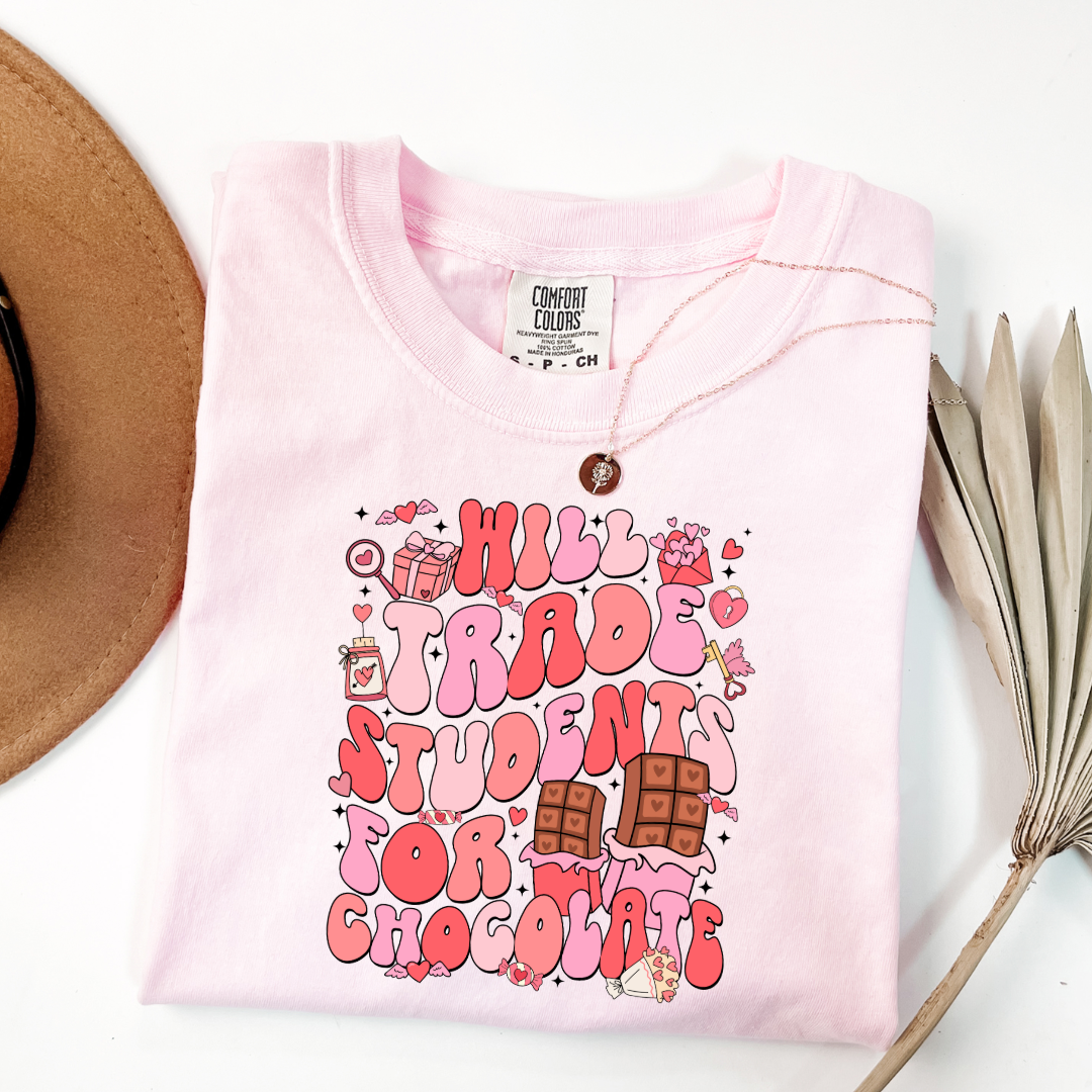 Customized adult Blossom Pink Graphic Tee will trade students for chocolate bubble letters pink and red
