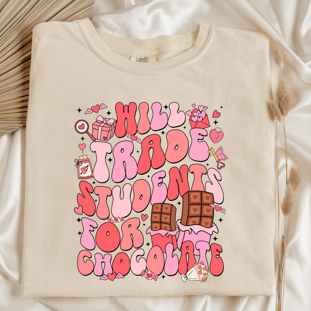 Customized adult Ivory flat lay Graphic Tee will trade students for chocolate bubble letters pink and red