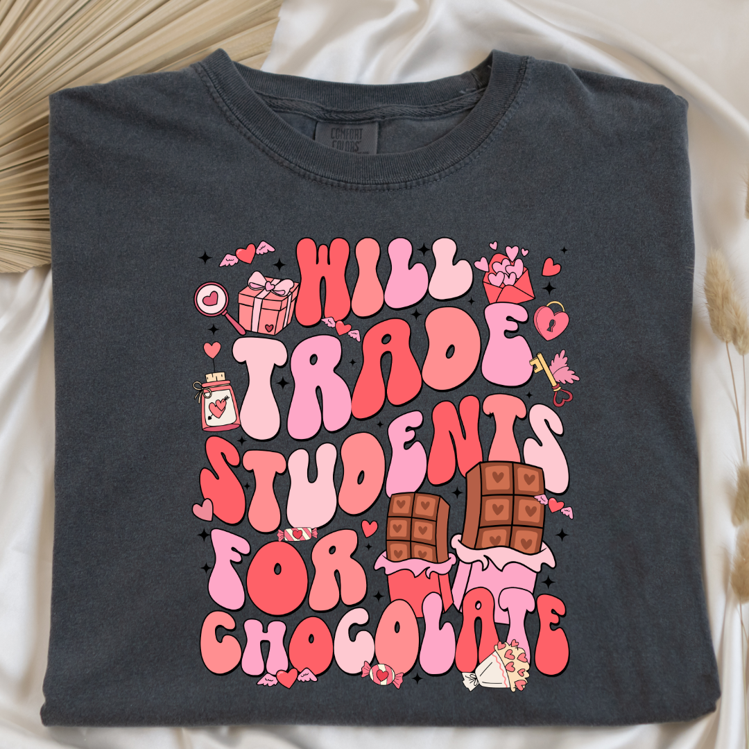 Customized adult pepper vintage black Graphic Tee will trade students for chocolate bubble letters pink and red