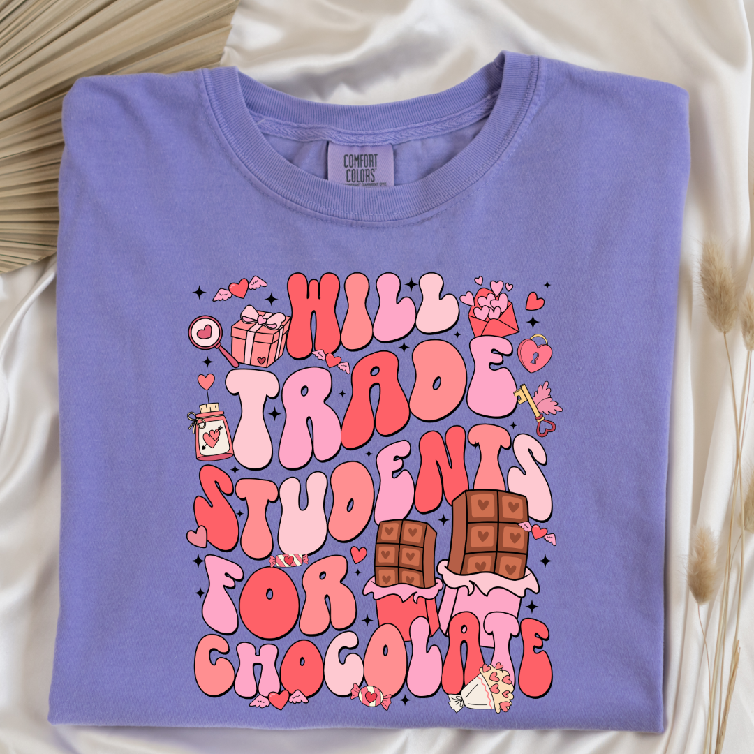 Customized adult Violet Graphic Tee will trade students for chocolate bubble letters pink and red