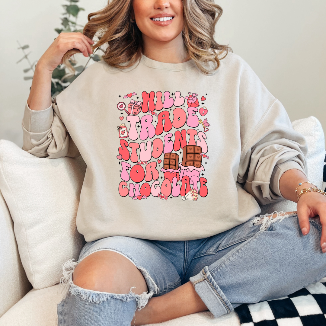 Customized adult beige Crewneck will trade students for chocolate bubble letters pink and red