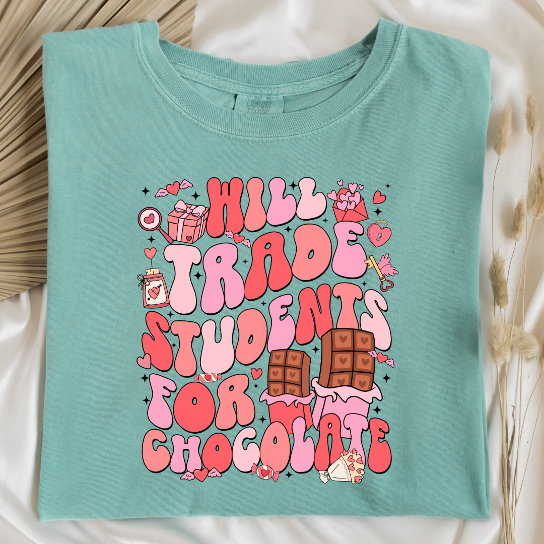 Customized adult Chalky Mint Green Graphic Tee will trade students for chocolate bubble letters pink and red