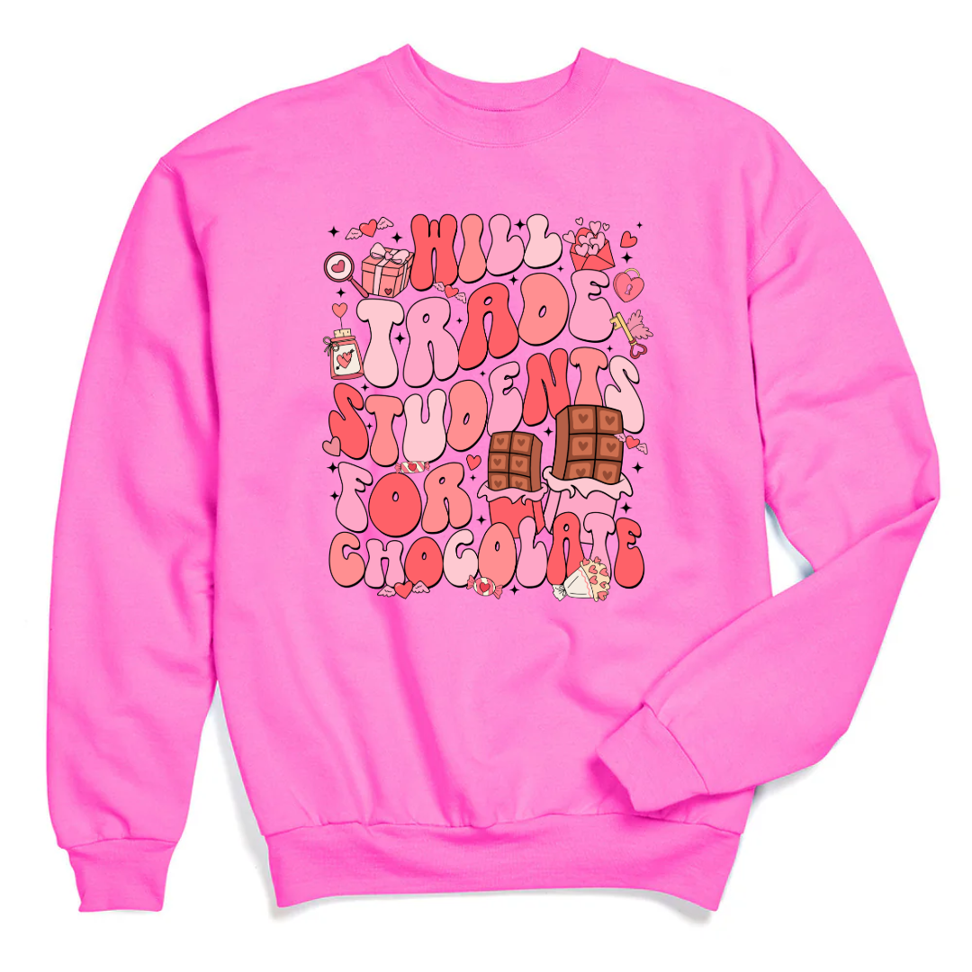Customized adult Hott Pink Crewneck will trade students for chocolate bubble letters pink and red