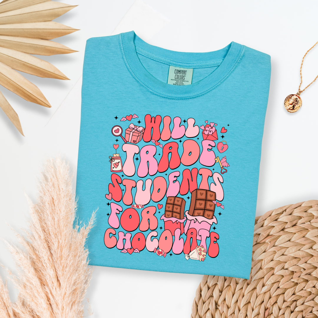 Customized adult Iagoon blue Graphic Tee will trade students for chocolate bubble letters pink and red