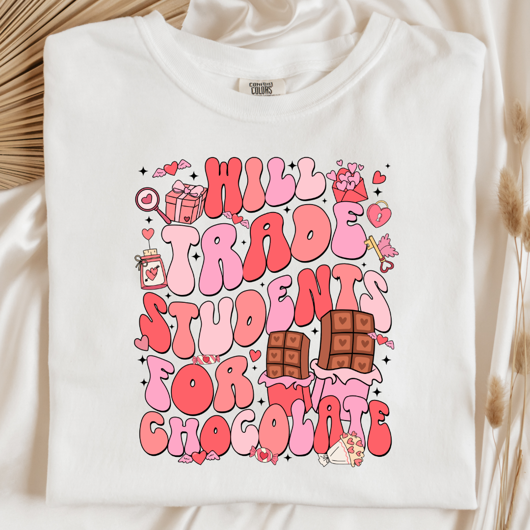 Customized adult white Graphic Tee will trade students for chocolate bubble letters pink and red